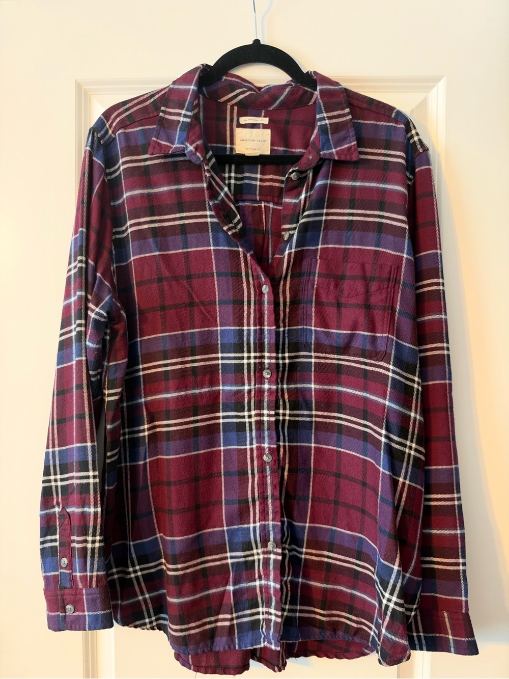 American Eagle Outfitters Burgundy and Blue Plaid Button-Down Shirt